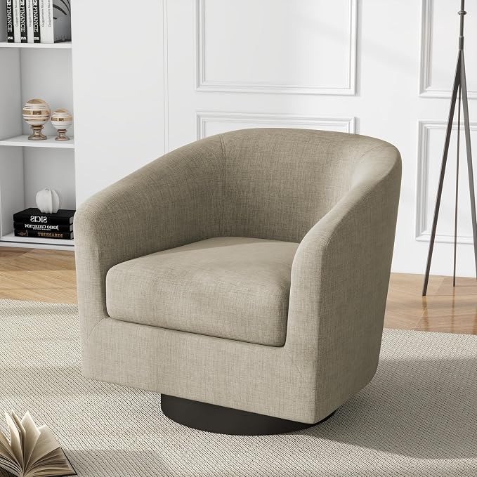 Swivel Barrel Accent Chairs Set of 2, Fabric Upholstered Armchair Comfy Club Chair for Living Room, Modern Bedroom Single Sofa Reading Seat, Light Brown
