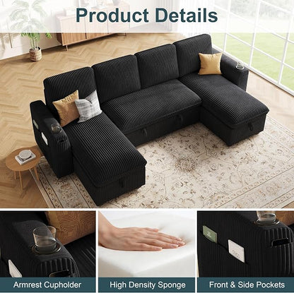 Sectional Sleeper Sofa with Pull Out Bed, Plush Corduroy Sectional Sofa with Double Storage Chaise and Adjustable Backrest, Cloud Sectional Couches for Living Room, Apartment, Black