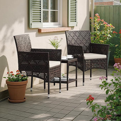 Devoko Patio Furniture Set 3 Pieces Outdoor Wicker Chairs Set of 2 with Coffee Table for Outside Porch Balcony (Brown)