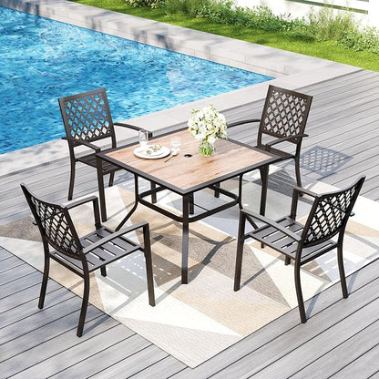 PHI VILLA 5 Pieces Outdoor Dining Set for 4, 37" Square Metal Table with Polywood Top & Stackable Wrought Iron Chairs, Outside Furniture for Patio, Deck, Porch, Backyard