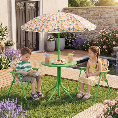 HONEY JOY Kids Picnic Table, Animal Themed Toddler Outdoor Table and Chair Set, 2 Folding Chairs & Removable Umbrella, Children Outdoor Furniture for Backyard Patio Garden (Green Lion)