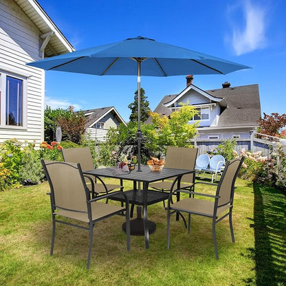 SUNCROWN 6 - Piece Outdoor Dining Set, Patio Furniture Set with 4 Textilene Dinning Chairs, 1 Steel Slat Metal Bistro Table and 1 Dark Blue 9Ft Patio Umbrella for Lawn Garden Backyard Deck, Brown
