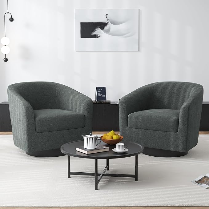 Swivel Barrel Accent Chair, Modern Round Chenille Fabric Arm Chair for Living Room, Bedroom, Comfy Club Reading Chairs for Adults（Chenille Fabric, Grey, Set of 4