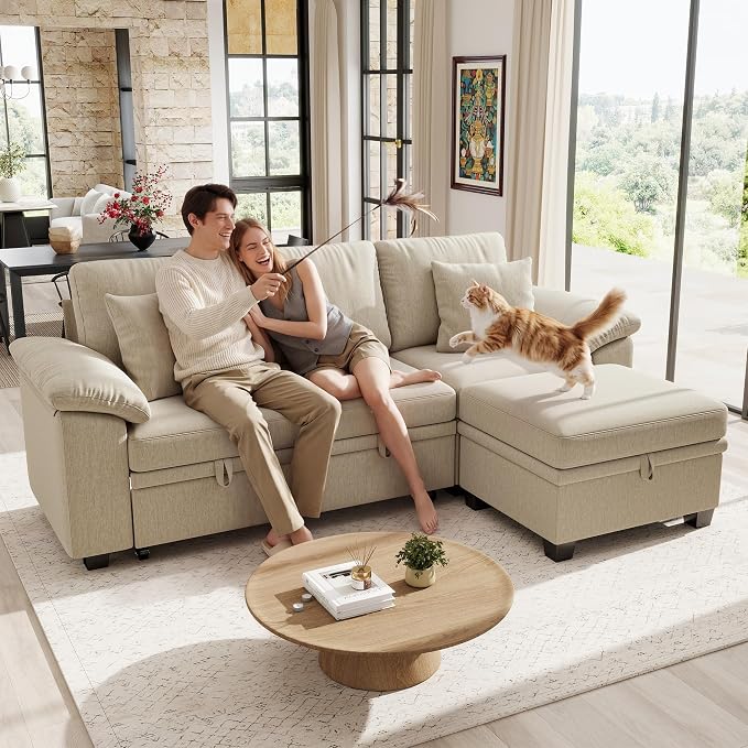 Ihanherry 86" Modular Sectional Sofa with Pull Out Bed, 4-Seater L Shaped Sectional Sleeper Couch with Storage Ottoman, Chenille Convertible Couches for Living Room, Apartment (Sand)