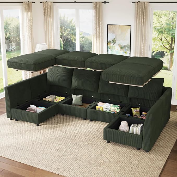 HONBAY Modular Sectional Sofa Couch with Storage, Modern U Shaped Sectional Sofa, Convertible Sectional Couch for Living Room - Green