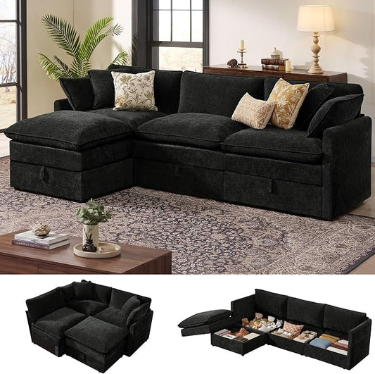 Ihanherry 103" Modular Sectional Sofa with Storage, L Shaped Cloud Couch with Movable Ottomans & 4 Pillows, Chenille Deep Seat Sectional Couches for Living Room, Apartment (Black)