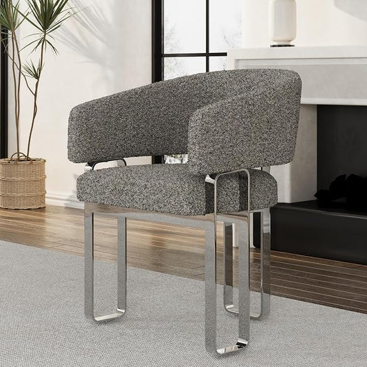 Boucle Dining Chair, Grey Barrel Chairs with Arm, Backrest, and Mirrored Silver Stainless Steel U-Shaped Legs, Set of 1