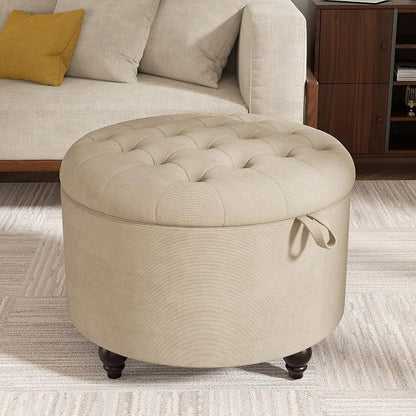 24 Inch Round Storage Ottoman,Modern Tufted Ottomans,Circular Coffee Table with Removable Top,Upholstered Large Ottoman with Storage Footrest Stool for Bedroom Living Room (Lightbrowm)