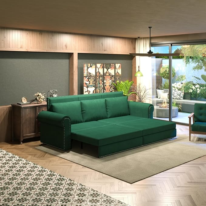 93.7" King Pull Out Sofa Bed, Velvet Sleeper Sofa Couch, 3 in 1 Convertible Futon Couches for Living Room, Small Space, Apartment, Office, Bedroom, Modern Rivet Armrest, Green