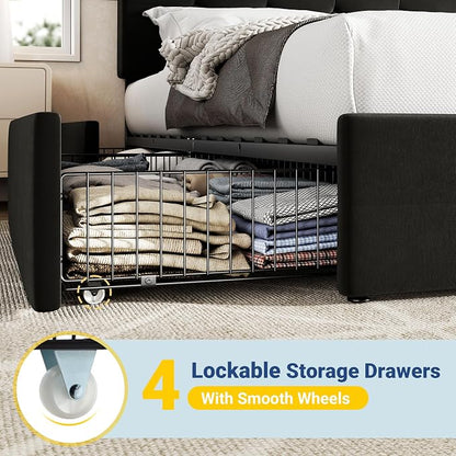 Allewie Upholstered Queen Size Platform Bed Frame with 4 Storage Drawers and Adjustable Headboard, Square Button Tufted, Wooden Slats Support, Noise-Free, No Box Spring Needed, Easy Assembly, Black
