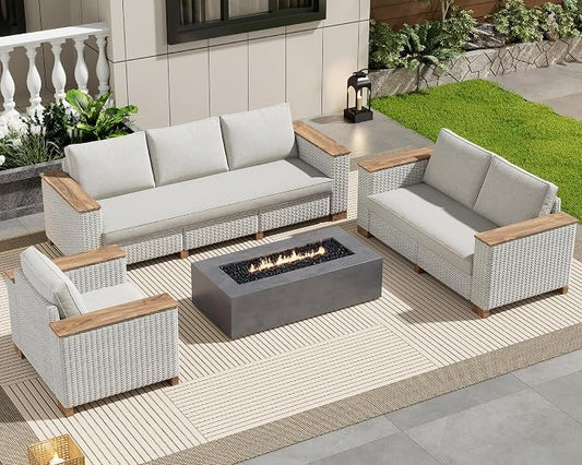 PaPaJet 6-Piece Wicker Patio Furniture Set with Solid Wood Armrest, Outdoor Patio Set with Thick Legs, UV-Resistant Modular Outdoor Sectional Sofa for Backyard, Porch, Garden
