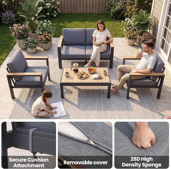 4-Piece Aluminum Patio Furniture Set, Outdoor Patio Conversation Set with 2 Chairs+3-Seat Sofa+Coffee Table, 1.5mm Thick Weather Resistant Frame, Removable Waterproof Cushions for Balcony Backyard