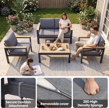 Aluminum Patio Furniture Set,Outdoor Sectional Sofa Set with Powder-Coated Frame, Weather Resistant Patio Conversation Set with Coffee Table, Removable Washable Cushions for Backyard Balcony Porch