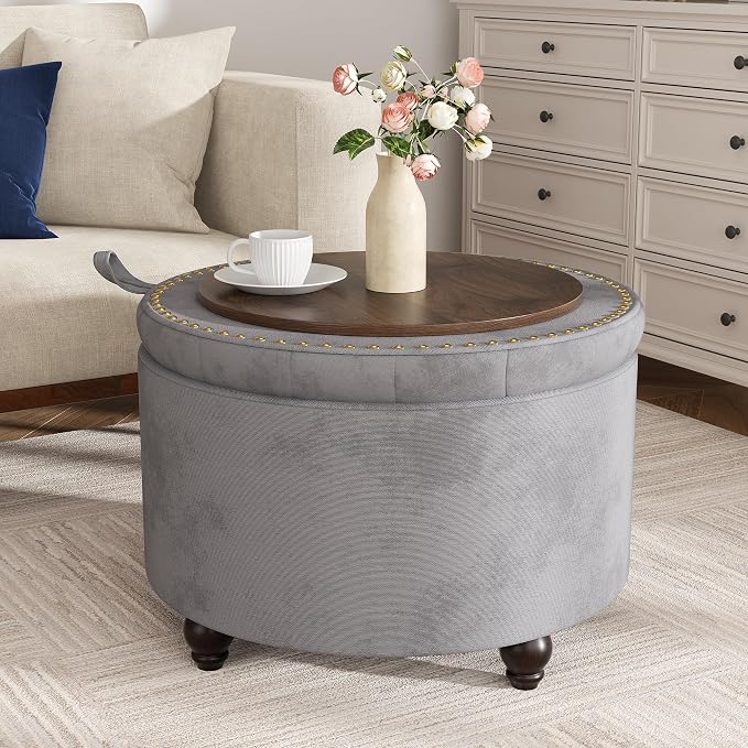 24 Inch Round Storage Ottoman,Modern Tufted Ottomans,Circular Coffee Table with Removable Top,Upholstered Large Ottoman with Storage Footrest Stool for Bedroom Living Room (Lightgrey)