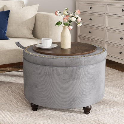 24 Inch Round Storage Ottoman,Modern Tufted Ottomans,Circular Coffee Table with Removable Top,Upholstered Large Ottoman with Storage Footrest Stool for Bedroom Living Room (Lightgrey)