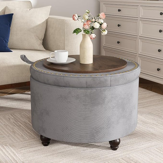 24 Inch Round Storage Ottoman,Modern Tufted Ottomans,Circular Coffee Table with Removable Top,Upholstered Large Ottoman with Storage Footrest Stool for Bedroom Living Room (Lightgrey)