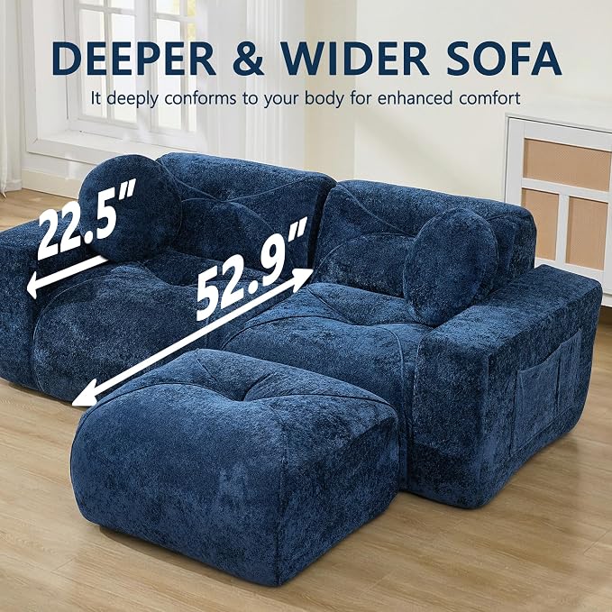 82" Modular Sectional Cloud Couch, L Shaped Sofa Boneless Couches with Movable Ottoman, 2 Deep Seat Modern Comfy Velvet Sofa for Living Room, Bedroom, Apartment (Blue)