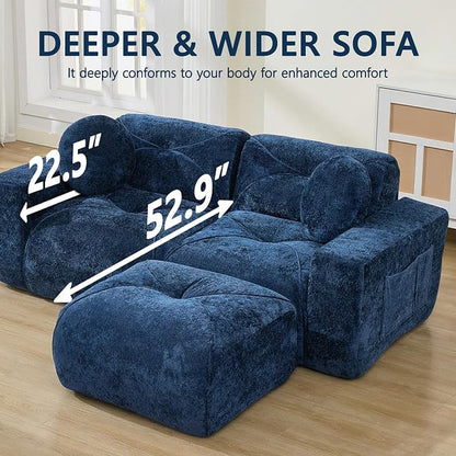 82" Modular Sectional Cloud Couch, L Shaped Sofa Boneless Couches with Movable Ottoman, 2 Deep Seat Modern Comfy Velvet Sofa for Living Room, Bedroom, Apartment (Blue)