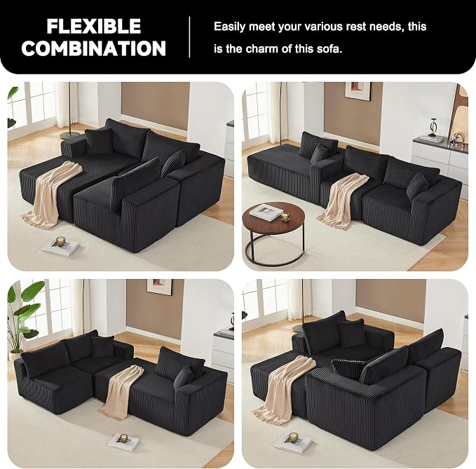Weture 97" Modular Sectional Sofa, L-Shaped Boneless Couch with Deep Seat, Cozy Cloud Couch Sectional with Convertible Ottoman, Modern Sectional Couches for Living Room（ Black）