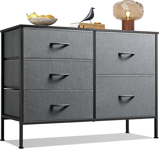 WLIVE Dresser for Bedroom with 5 Drawers, Wide Storage Dresser with Drawer Organizers, Chest of Drawers, Fabric Dressers for Living Room, Closet, Hallway, Dark Grey