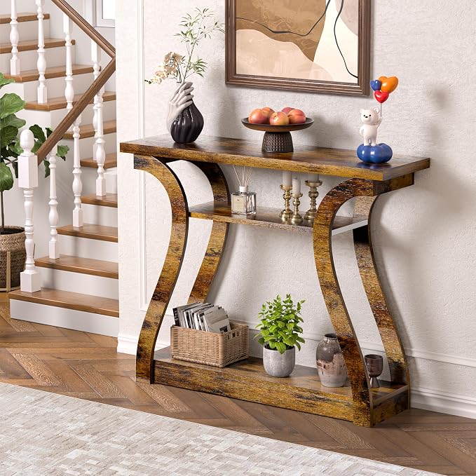 Wooden Console Table with Curved Legs and Shelf, 3-Tier Modern Accent Narrow Sofa Table for Entrance Area, Living Room, Hallway, 47 in Wide Wood Console Table for Entryway (Rustic Brown)