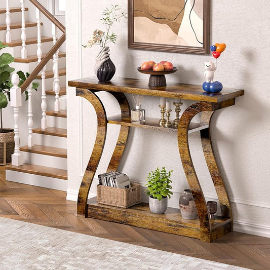 Wooden Console Table with Curved Legs and Shelf, 3-Tier Modern Accent Narrow Sofa Table for Entrance Area, Living Room, Hallway, 47 in Wide Wood Console Table for Entryway (Rustic Brown)