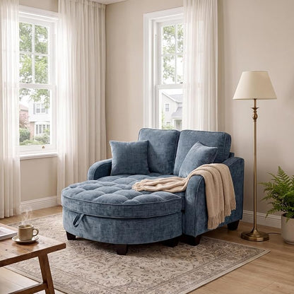 ERYE Chenille Tufted Loveseat Sofa and Ottoman Set, Tufted Recliner Sleeper Chaise Lounge with Curved Storage Ottoman,Reclining Backrest and Side Pockets, 4 Pillows