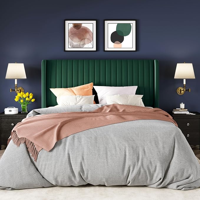Allewie Queen Size Bed Frame/Velvet Upholstered Platform Bed/Vertical Channel Tufted Wingback Headboard/Strong Wooden Slats/No Box Spring Needed/Easy Assembly/Green