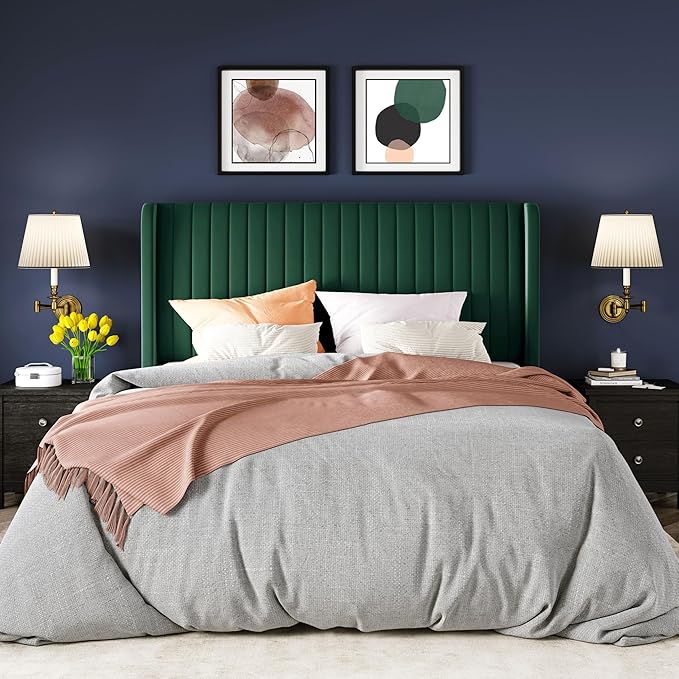 Allewie Full Size Bed Frame/Velvet Upholstered Platform Bed/Vertical Channel Tufted Wingback Headboard/Strong Wooden Slats/No Box Spring Needed/Easy Assembly/Green