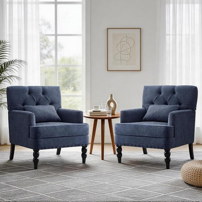HUIMO Accent Chair for Living Room, Tufted Upholstered Club Chair with Lumbar Pillow, Vintage Reading Armchair with Solid Wood Legs for Bedroom Apartment, Indigo Blue