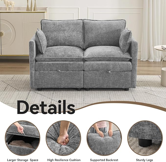 55" Cloud Modular Loveseat Sofa with Storage, Modern Upholstered Sofa Couch Small Love Seat, 2 Seater Chenille Comfy Sectional Sofa with Armrests for Living Room, Small Space, Light Grey