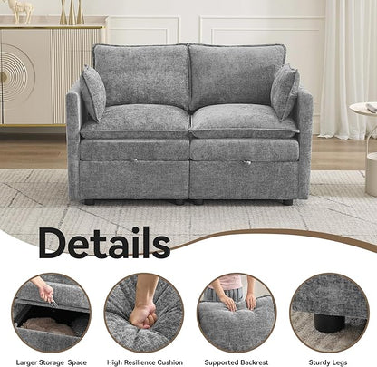 55" Cloud Modular Loveseat Sofa with Storage, Modern Upholstered Sofa Couch Small Love Seat, 2 Seater Chenille Comfy Sectional Sofa with Armrests for Living Room, Small Space, Light Grey