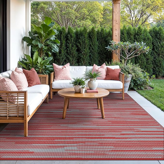 GENIMO Outdoor Rug for Patio Clearance, 6'x9' Waterproof Camping Mat, Reversible Plastic Straw Rugs for RV, Camper, Balcony, Backyard, Picnic, Deck (Red Grey)