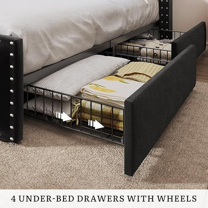 DWVO King Size Bed Frame with 4 Storage Drawers and RGB LED Lights, Velvet Upholstered Platform Bed with Charging Station and Bookcase Storage Headboard, No Box Spring Needed, Easy Assembly, Black