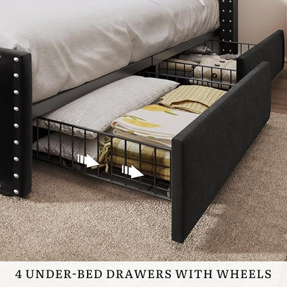 YITAHOME Queen Size Bed Frame with 4 Storage Drawers and RGB LED Lights, Velvet Upholstered Platform Bed with Charging Station and Storage Headboard, No Box Spring Needed, Easy Assembly, Black