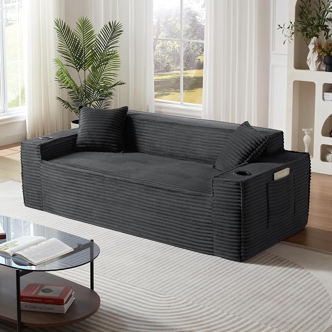 Boneless Sectional Sofa Couch with Cup Holders & Side Pockets, Modern Corduroy Fabric Deep Seat 3-seat Cloud Couch for Living Room Office, No Assembly (Grey)