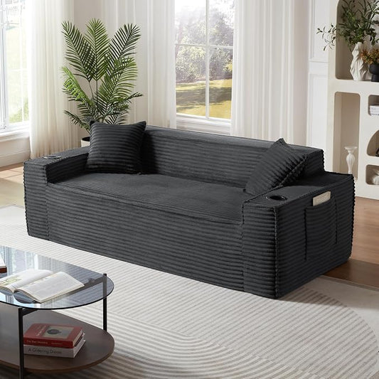 Boneless Sectional Sofa Couch with Cup Holders & Side Pockets, Modern Corduroy Fabric Deep Seat 3-seat Cloud Couch for Living Room Office, No Assembly (Grey)