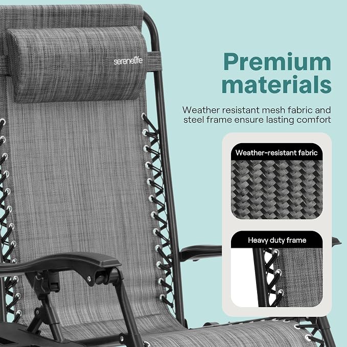 SereneLife Outdoor Zero Gravity Lounge Chair Set with Table – 2 Adjustable Recliners with Cup Holders, Headrest, Steel Frame & Foldable Design for Patio, Pool, Garden, or Camping