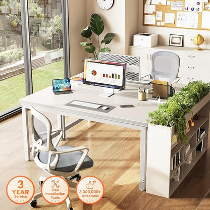 Huuger 55 x 24 inch Desk with Power Outlets & USB-C, Deeper & Thicker Desktop, Robust Metal Tubes, Computer Desk, Heavy Duty Office Desk, Work Gaming Desk for Home Office, White