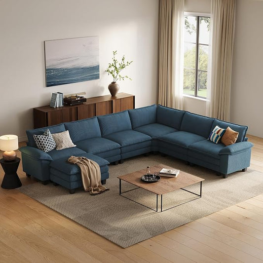 LINSY HOME Modular Sectional Sofa 6 Seat Couch Corduroy Cloud Couch with Deep Seat, Modern C-Shaped Cloud Couch for Living Room, Office, Bedroom, Blue