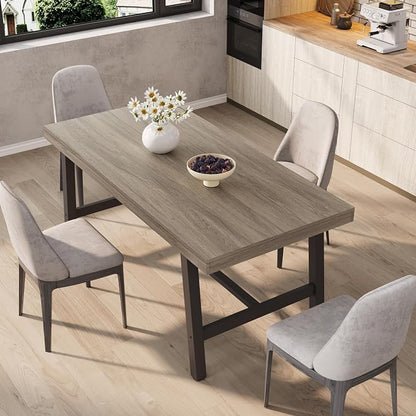GarveeHome Industrial Dining Table for 4-6 People, 63" Long Kitchen Table with Sturdy Metal Frame, Rectangular Counter for Dinner, Kitchen, Dining Room (Grey Walnut, 63" Non-extendable)