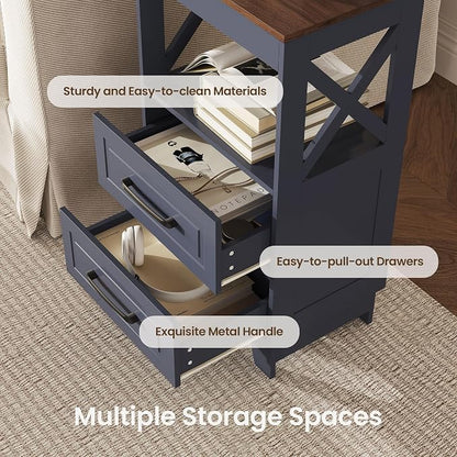 Tall Nightstand Set of 2 Side Table with 2 Drawers Modern Night Stand Wooden Rustic End Table Bedside Table with Upper Open Shelf Solid Feet for Bedroom Navy Blue+Walnut