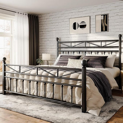 EnHomee 14.2" Metal Full Size Bed Frame with Tall Headboard & Footboard, LED Light Full Bed Frame, Strong Slats Support and Noise-Free Design with Under Bed Storage/No Box Spring Needed/Black