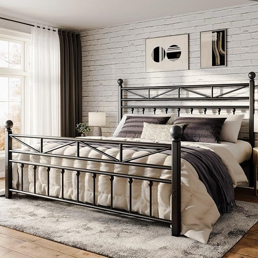 EnHomee 14.2" Metal Full Size Bed Frame with Tall Headboard & Footboard, LED Light Full Bed Frame, Strong Slats Support and Noise-Free Design with Under Bed Storage/No Box Spring Needed/Black