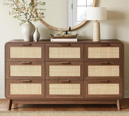 FORTUNETEC 55" Rattan 9 Drawer Dresser, Modern Farmhouse & Boho Wooden Chest of Drawers with Walnut Wood Grain, Multifunctional Storage Bedroom Set for Bedroom, Living Room, TV Stand