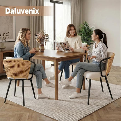 Modern Rattan Dining Chairs Set of 6, Upholstered Kitchen Chair with Metal Legs, Ergonomic Curved Backrest, Mid Century Living Room Chairs with Throw Pillow for Home, Natural