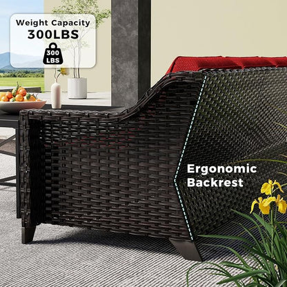 6 Pieces Patio Conversation Furniture Set - 2 Sofas, 2 Swivel Chairs, 2 Ottomans, Outdoor Wicker Furniture with Removable Cushions for Porch, Balcony, Sunroom (Red)