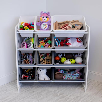 Humble Crew Toy Storage Organizer with 12 Removable Storage Bins for Kids Playroom, 4-Tier Toddler Toy Organization, White/Grey Gradient