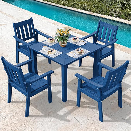 YEFU HIPS Patio Table Set: 5 Piece Outdoor Square Table and Chairs with Metal Aluminum Frame - Blue Modern Plastic Patio Dining Furniture Set 4 Person for Outside Deck