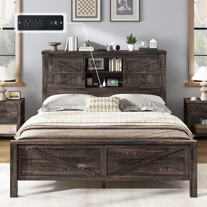AMERLIFE 4-Piece Farmhouse Bedroom Set in Black Oak, Queen Size Bed Frame with Bookcase Headboard, 5-Drawer Tall Dresser, 47'' Dresser with 4 Drawers, 60" Dresser with 4 Drawers